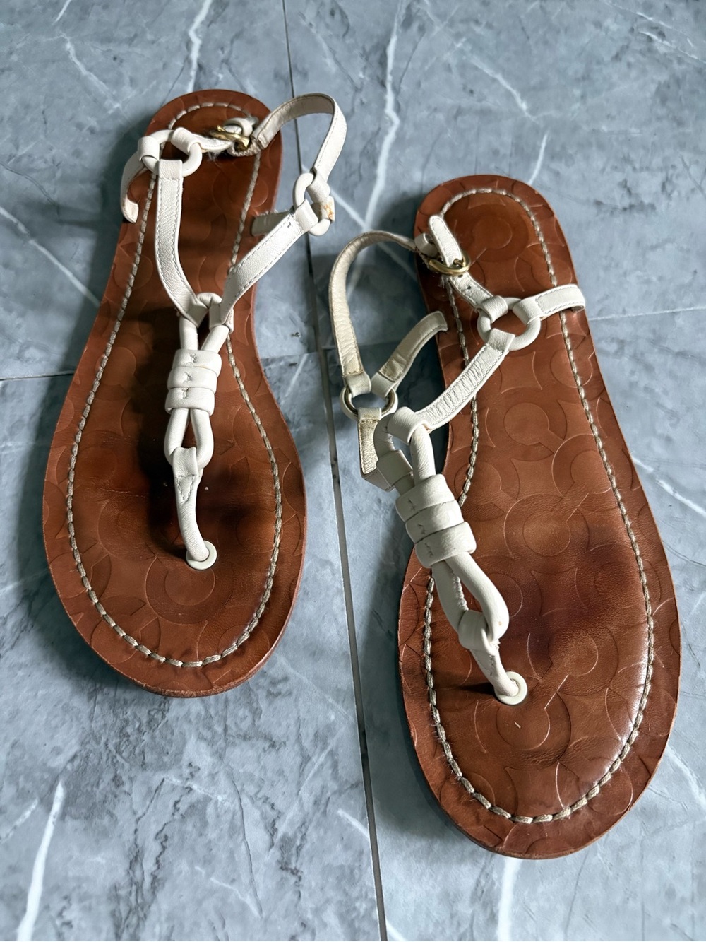 Coach White Leather T-Strap Sandals with Brown Footbed